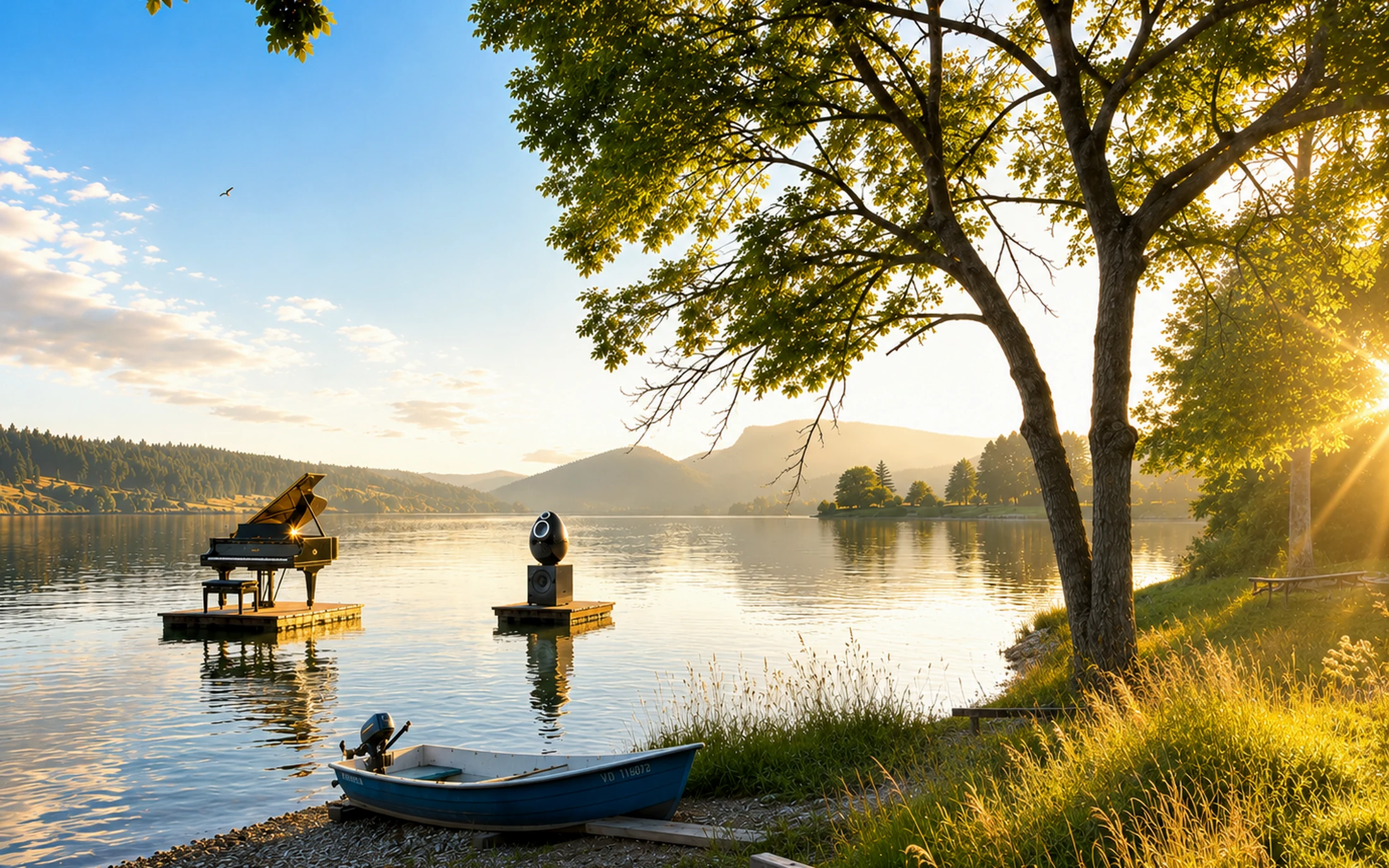 Piano à queue et enceinte OE-One au bord d’un lac